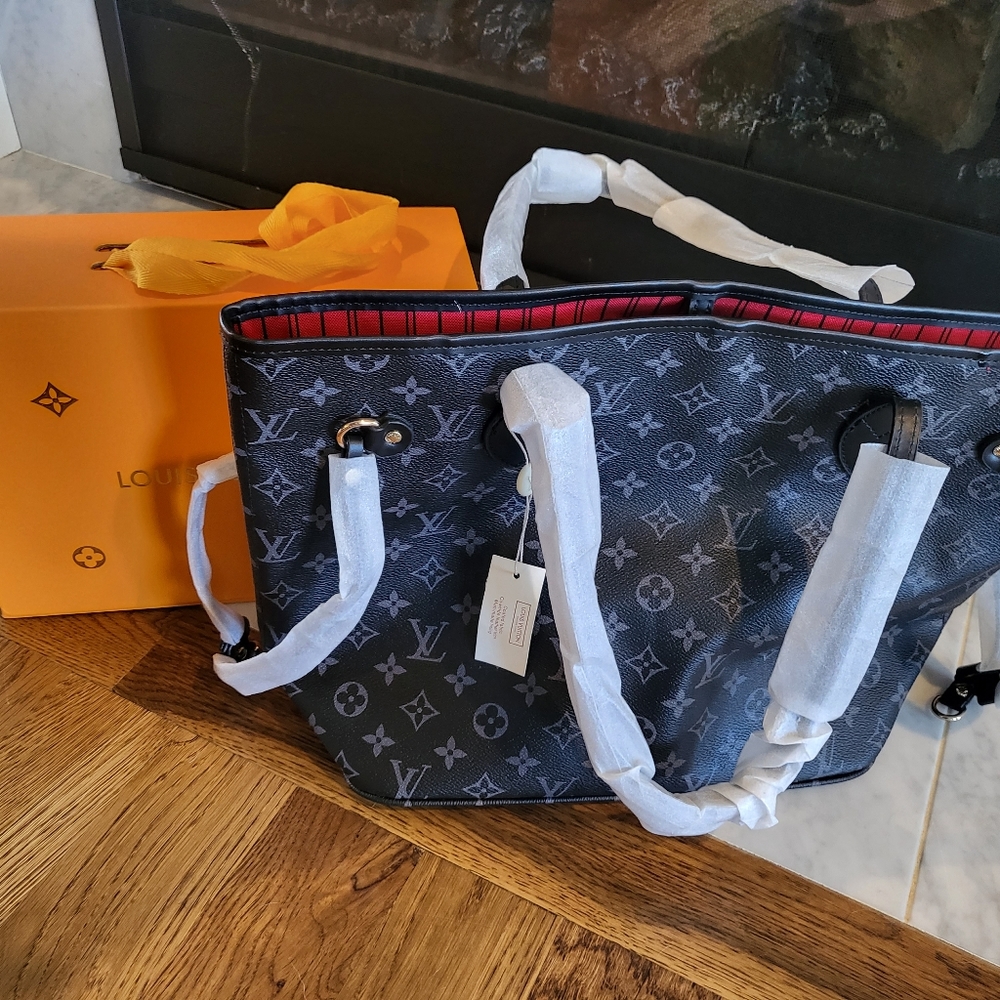 Louis Vuitton Black Monogram Canvas Tote with Red Trim